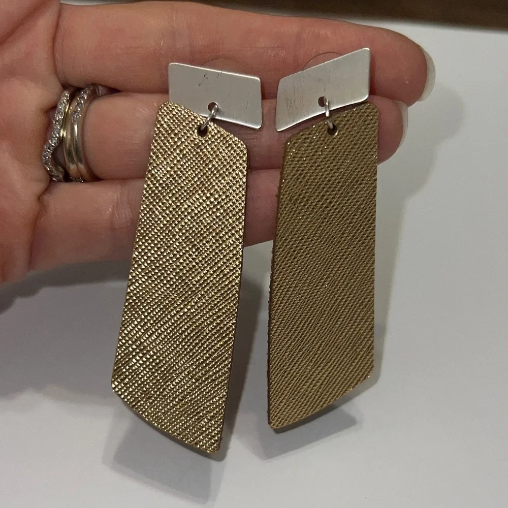 Silver Post with Gold Textured Dangle Lightweight Leather Earrings